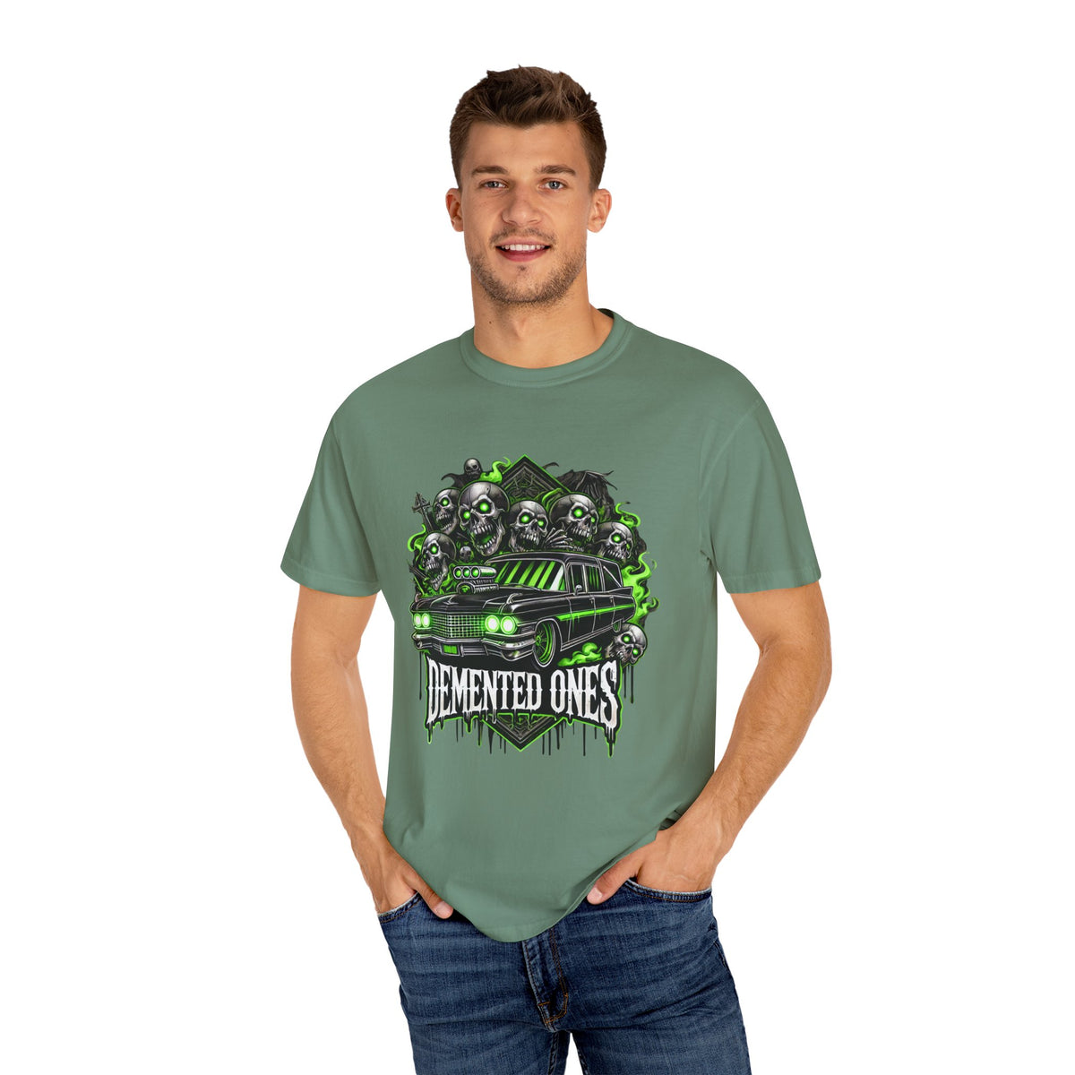 Unisex Garment-Dyed T-shirt – Demented Ones Graphic Tee for Halloween Fans