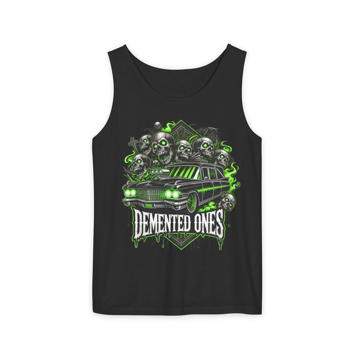 Demented Ones Hearse Graphic Tank Top, Unisex Casual Wear, Halloween Party Shirt, Summer Festival Attire, Spooky Design Apparel
