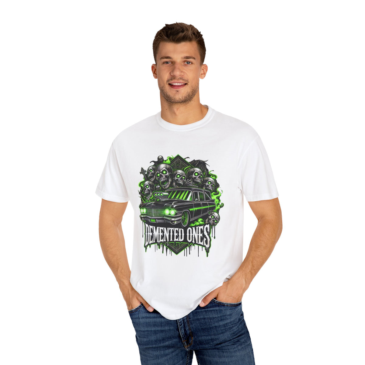 Unisex Garment-Dyed T-shirt – Demented Ones Graphic Tee for Halloween Fans
