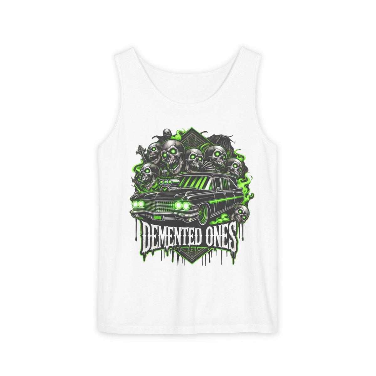 Demented Ones Hearse Graphic Tank Top, Unisex Casual Wear, Halloween Party Shirt, Summer Festival Attire, Spooky Design Apparel