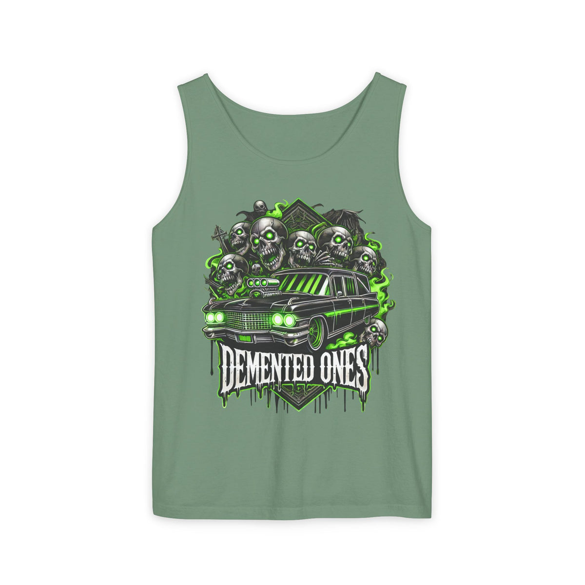 Demented Ones Hearse Graphic Tank Top, Unisex Casual Wear, Halloween Party Shirt, Summer Festival Attire, Spooky Design Apparel